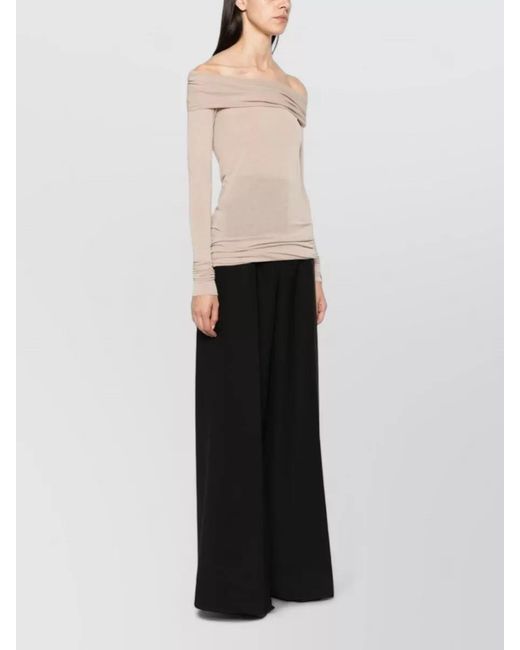 Rick Owens Natural Off Shoulder Ruched Stretch Long Sleeve Top