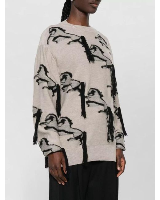 Stella McCartney Natural Wool Jumper Horse Embroidery Fringe Detail