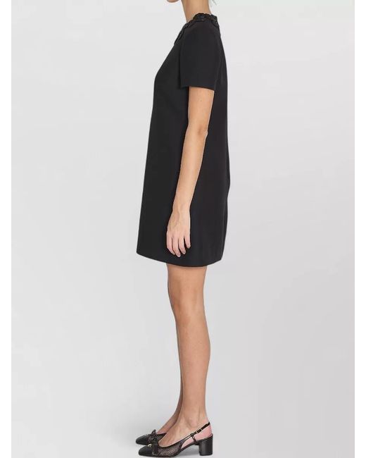 Valentino Garavani Black Silk Blend Embroidered Short-Sleeve Mini Dress