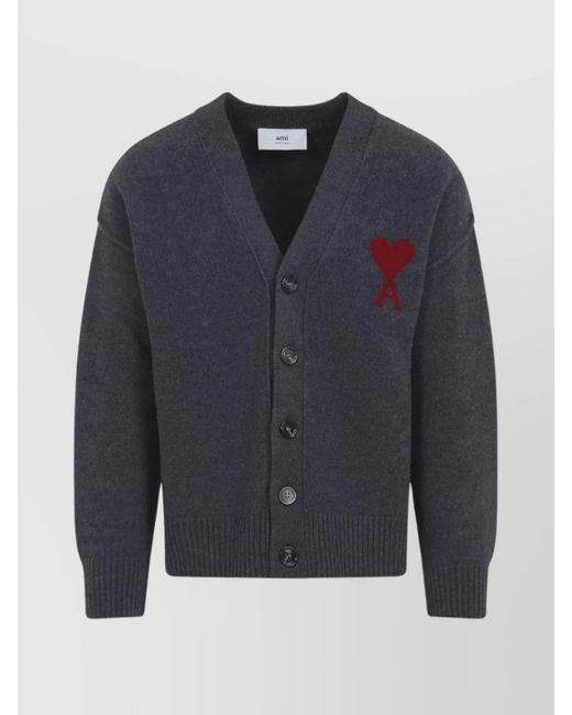 AMI Blue Wool V-Neck Cardigan for men