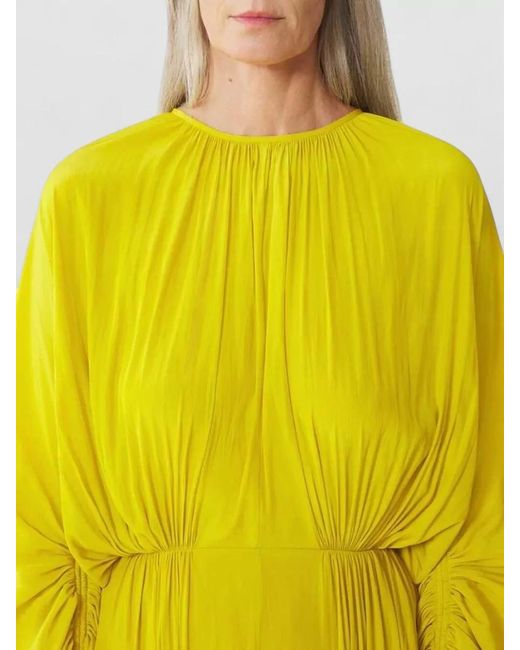 Lanvin Yellow Draped Gathered Long-Sleeve Crew-Neck Midi Dress