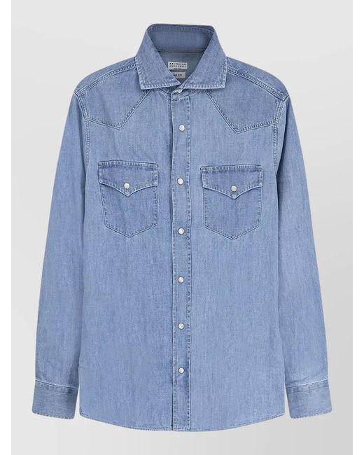 Brunello Cucinelli Blue Denim Shirt Cotton Long Sleeves Pointed Collar for men