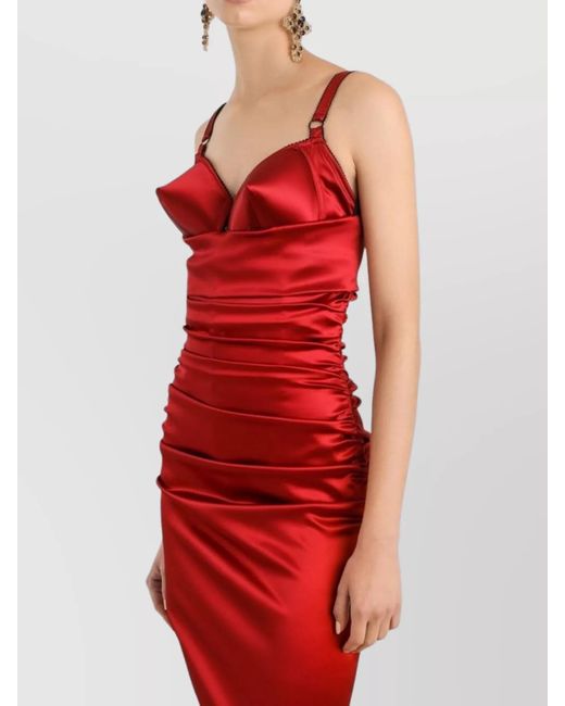 Dolce & Gabbana Red Draped Satin Bustier Midi Dress