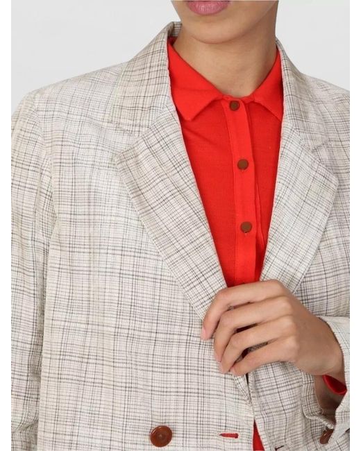 Alysi White Checked Double Breasted Blazer Button Detailing