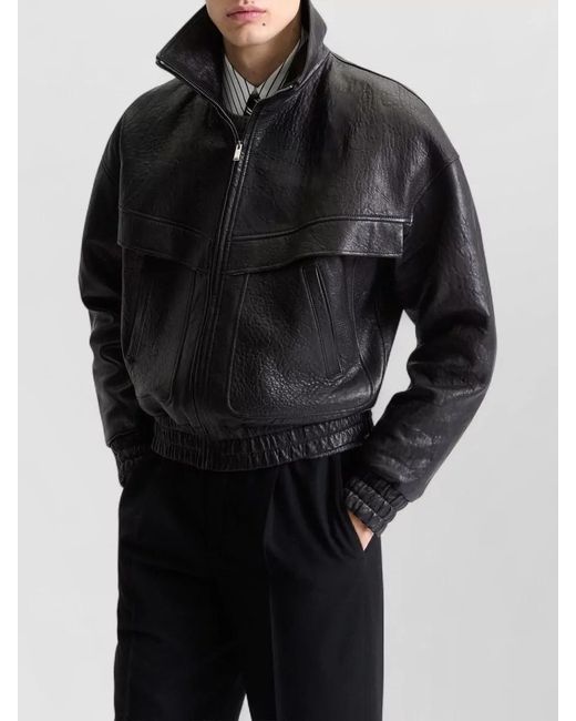 Saint Laurent Black Lambskin Jacket Textured Stand Collar for men