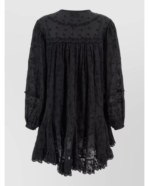 Isabel Marant Black Zame Dress Long Sleeves Lace Pleated Embroidery
