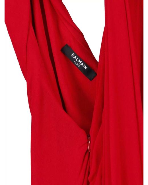 Balmain Red Draped Halter Maxi Dress Side Slit