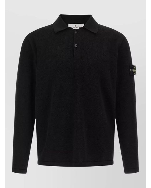 Stone Island Black Ribbed Long Sleeve Knit Polo Shirt for men