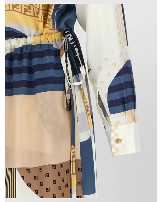 Fendi Natural Silk Geometric-Print Belted Midi Dress