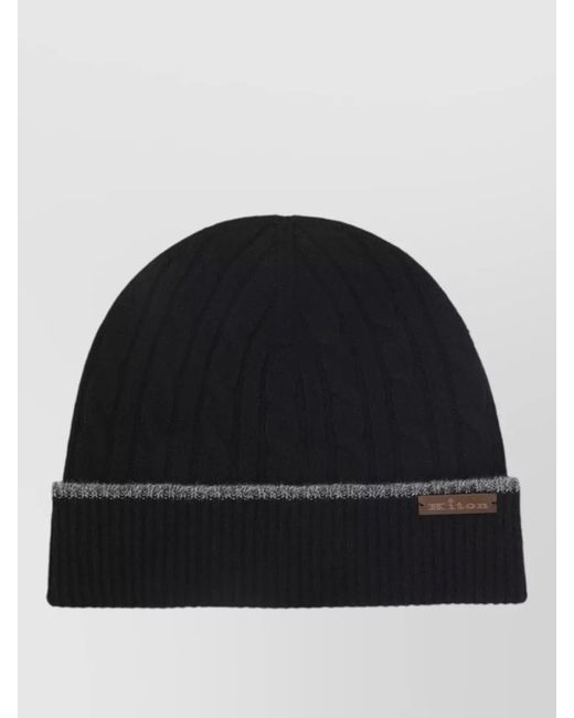 Kiton Black Cable Knit Beanie Wool Cashmere Blend for men