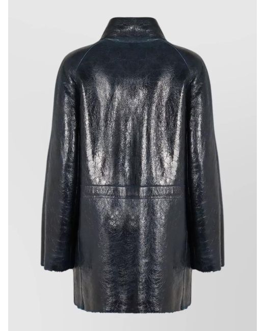 Fendi Blue Sheepskin Jacket High Collar Front Pockets