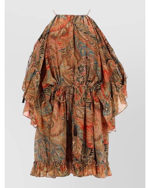 Etro Brown Off Shoulder Dress Paisley Pattern Ruffles