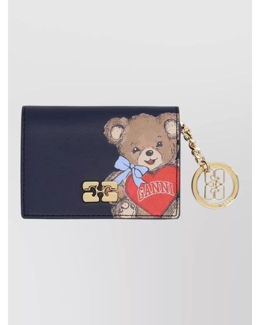 Ganni Blue Leather Bear-Print Card Holder Keyring