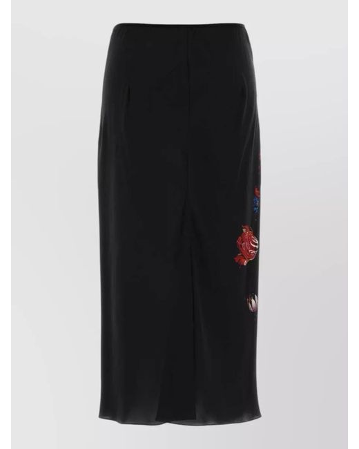 Dries Van Noten Black Satin Skirt Floral Print Midi Length Slit