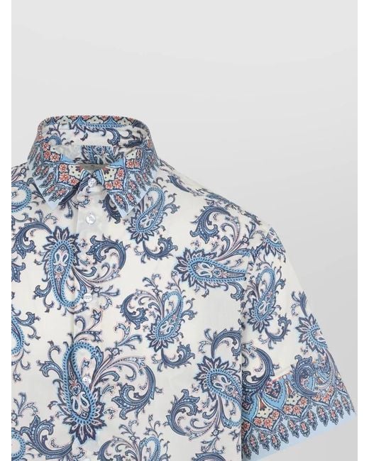 Etro Blue Cotton Short-Sleeve Floral Paisley Shirt for men
