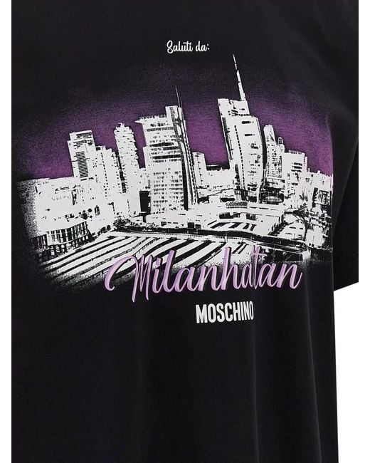 Moschino Black Milanhattan Crew Neck Graphic Print T-Shirt for men