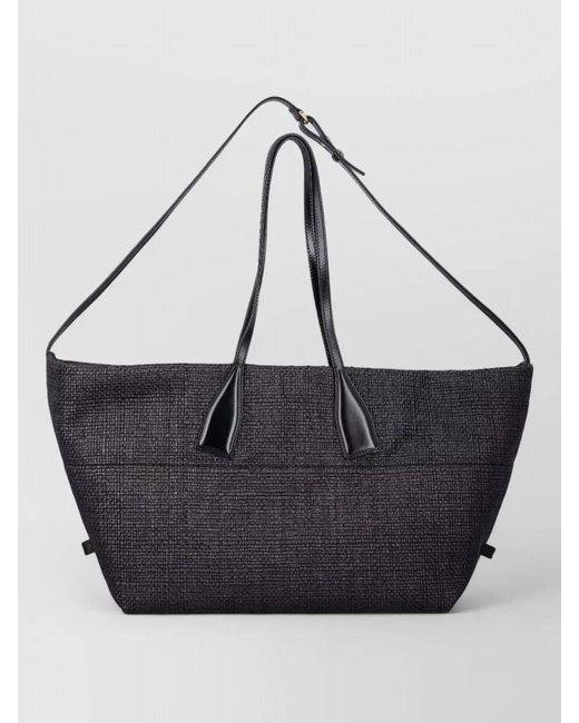 Balmain Black Raffia Medium Tote Structured Leather Handles
