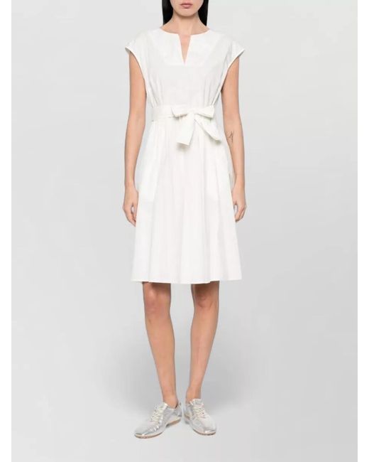 Woolrich White Short Cotton Dress V Neckline Bow