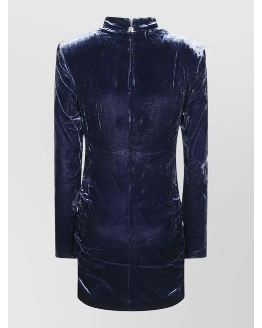 ROTATE BIRGER CHRISTENSEN Blue High Neck Long Sleeve Ruched Velvet Dress