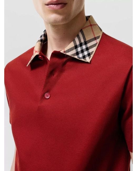 Burberry Red Cotton Polo Shirt Contrasting Check Collar for men