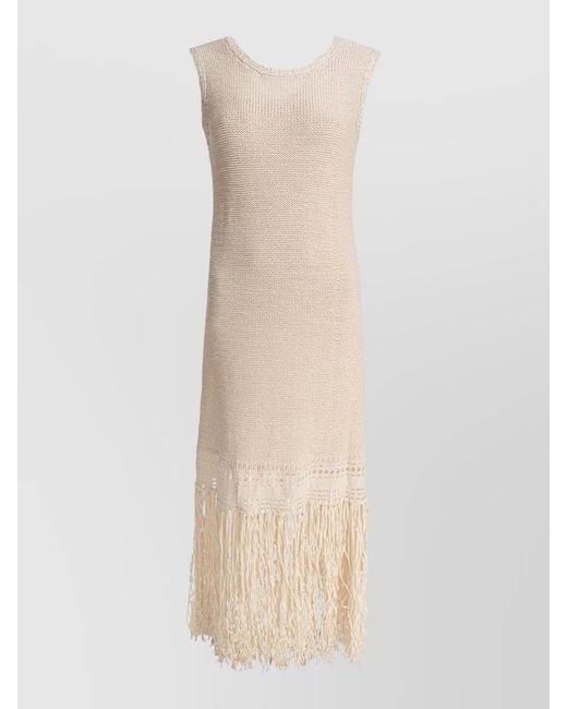 Sandbeige White Knit Dress Sleeveless Design Fringe Hem