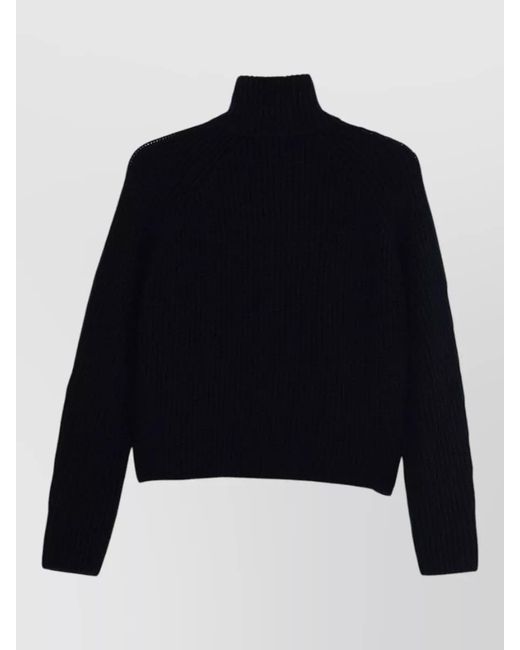 Lisa Yang Blue Cashmere Ribbed High Neck Cardigan