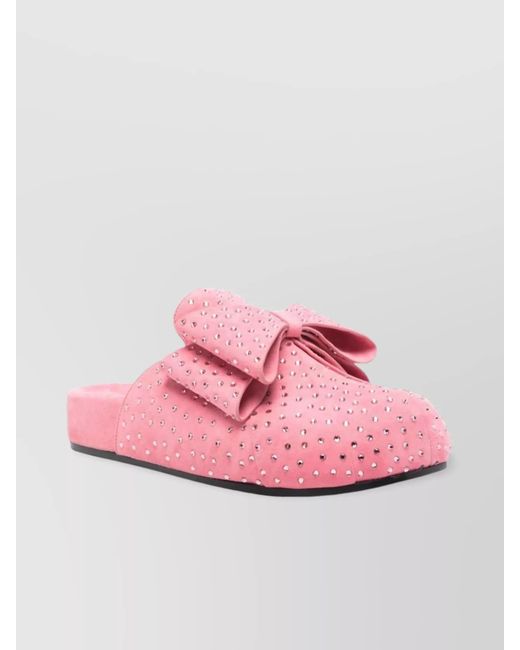 Mach & Mach Pink Leather Crystal-Embellished Bow Mules