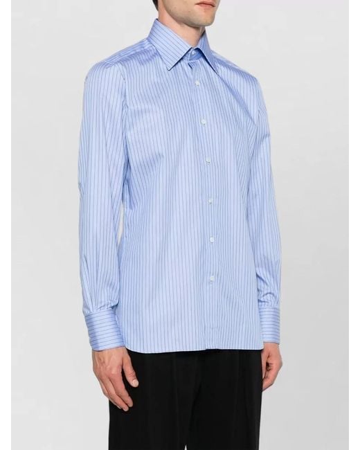 Tom Ford Blue Cotton Shirt Vertical Stripe Tailored Fit for men
