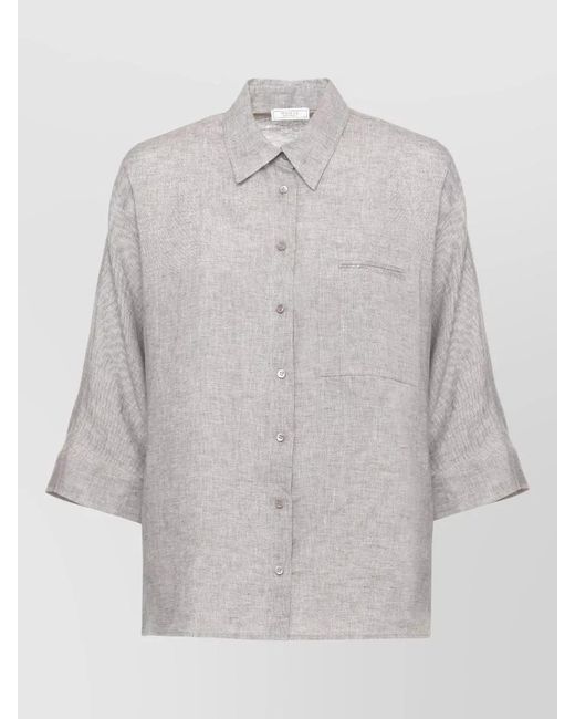 Peserico Gray Linen Shirt Collar Neckline Three Quarter Sleeves