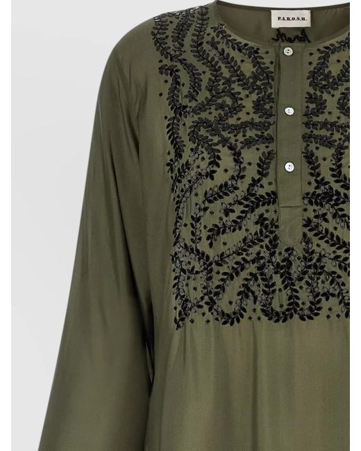P.A.R.O.S.H. Green Sunset Dress Embroidered Detail Long Sleeves Sheer