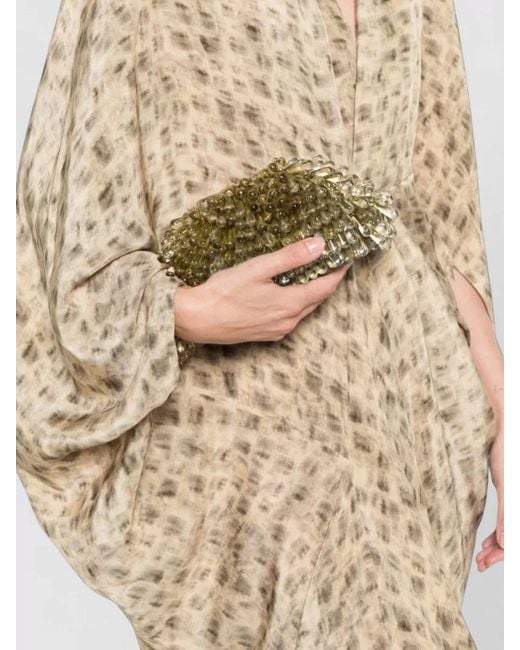 Cortana Natural Printed Draped V-Neck Batwing-Sleeve Side-Slit Long Dress