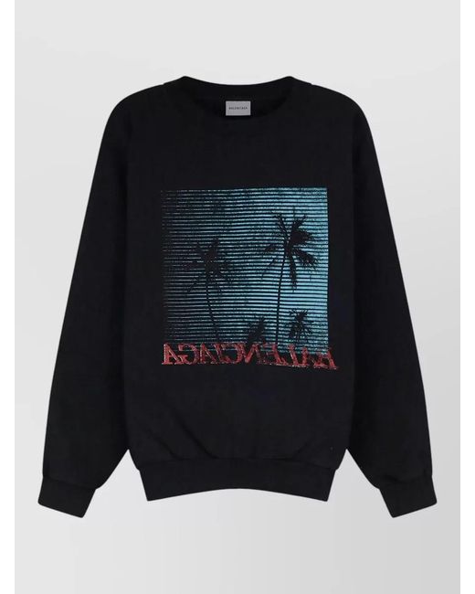 Balenciaga Blue Sweatshirt Crew Neck Front Logo Long Sleeves for men