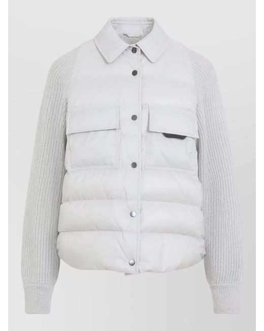 Brunello Cucinelli White Hybrid Padded Jacket Ribbed Detail Sleeves