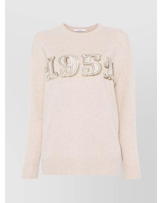 Max Mara Natural Cashmere Wool Fine-Knit Sequin Long-Sleeve Crew-Neck Jumper