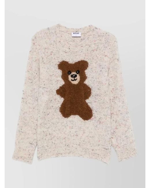 Moschino Natural Relaxed Crew Neck Knit Sweater Bear Motif for men