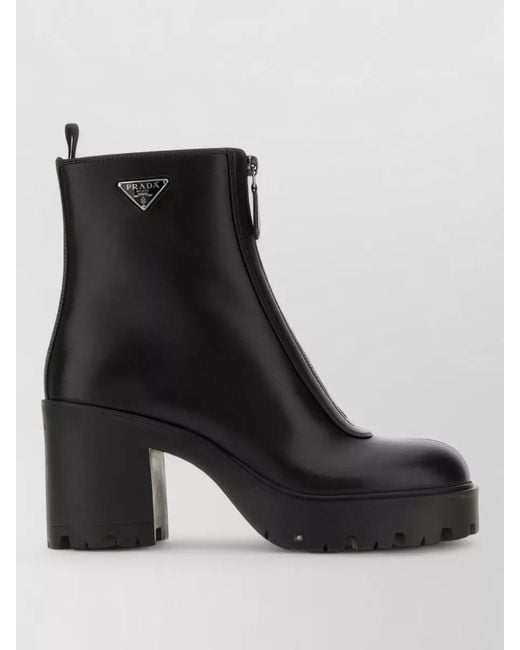 Prada Black Leather Ankle Boots Chunky Heel Design