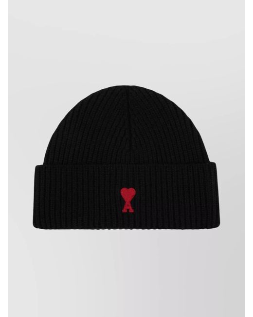 AMI Black Wool Beanie With Ribbed Knit Design for men