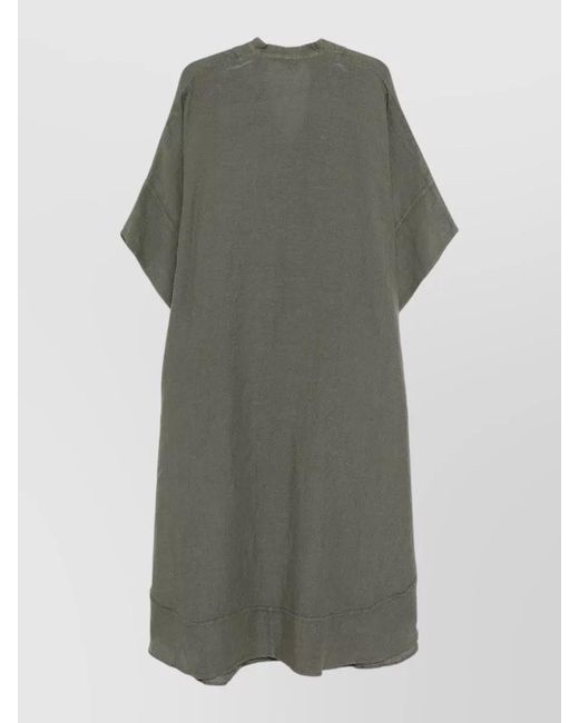120% Lino Gray Linen Kaftan Dress Knee Length V Neckline