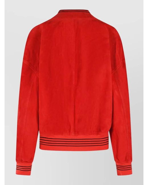Versace Red Suede Bomber Jacket Ribbed Collar Cuffs