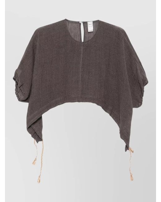 120% Lino Gray Cropped Blouse Puff Sleeves Keyhole Back Hem
