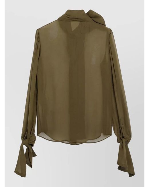Saint Laurent Green Sheer Tie Neck Blouse Long Sleeves
