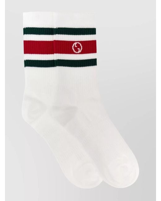 Gucci White Web Logo Striped Ribbed Mid-Calf Socks for men