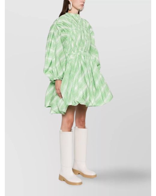 Jil Sander Green Plaid-Check Puff-Sleeve Mini Dress