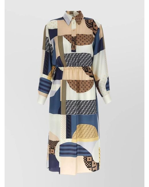 Fendi Natural Silk Geometric-Print Belted Midi Dress