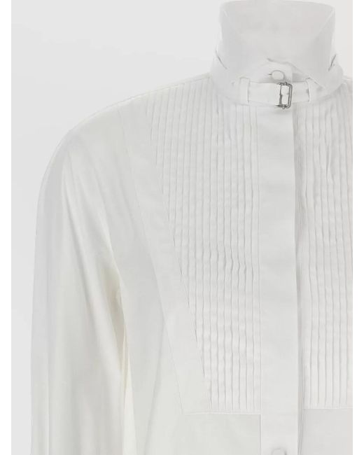 McQueen White Tuxedo Shirt Embroidered High Collar Pleated