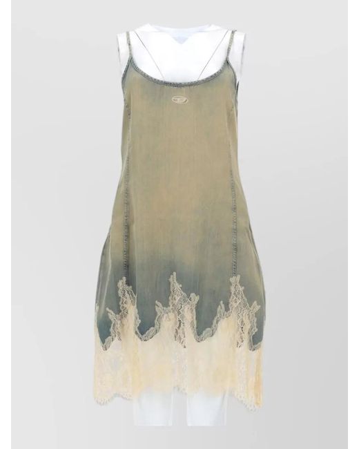 DIESEL Multicolor Denim Look Dress Lace Trim Spaghetti Straps