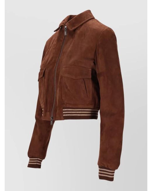 LA ROSE Brown Suede Leather Jacket Collar Pockets Ribbed Trim