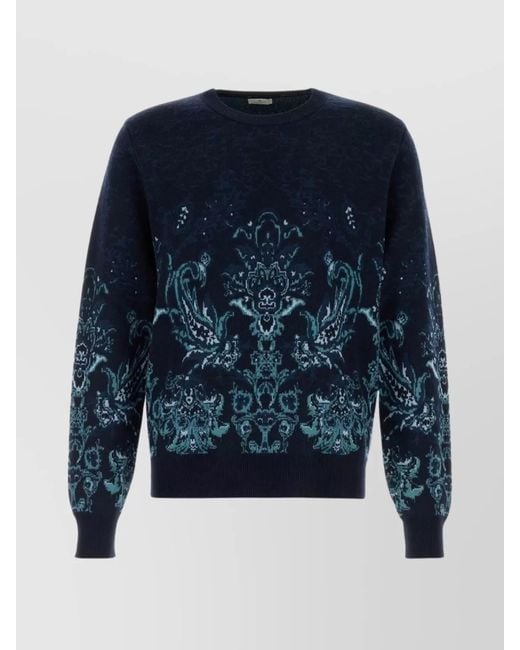 Etro Blue Wool Floral Jacquard Crewneck Sweater for men