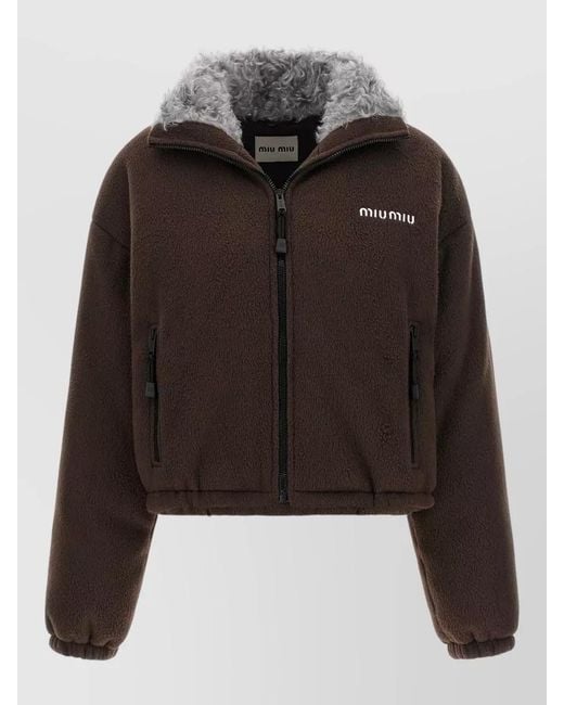 Miu Miu Black Cropped Down Jacket Dropped Shoulders Collar Fur