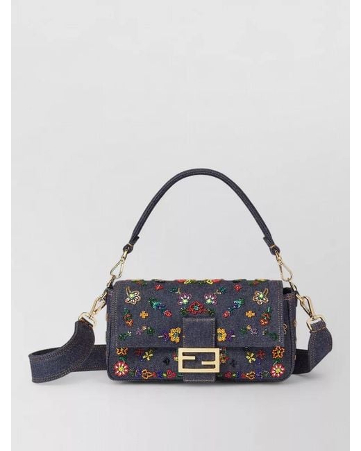 Fendi Multicolor Baguette Shoulder Bag Denim Floral Embroidery